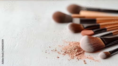A diverse collection of makeup brushes lightly dusted with cosmetic powder, arranged neatly on a clean surface, exemplifying grace and attention to detail in grooming.