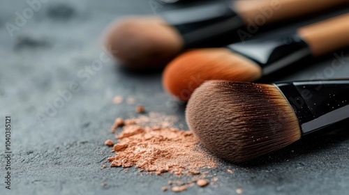 This image showcases a close-up view of several makeup brushes with brown and pink bristles, alongside a sprinkling of powder on a textured black surface.