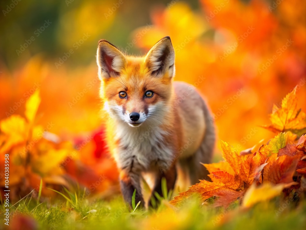 Obraz premium Young Red Fox in Autumn Meadow - Tilt-Shift Photography