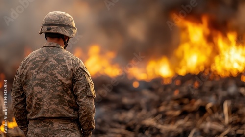 A soldier stands in camouflage uniform observing a large blaze, symbolizing duty and vigilance amidst chaos, highlighting the dangers faced by military personnel.