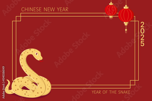 New year border frame in red and gold colors with a snake and Chinese lanterns. Symbol of the year 2025. Lunar new year of the snake cute vector illustration. Design of background, card, calendar