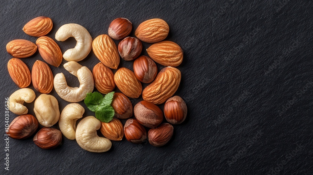 A variety of nuts, including almonds, cashews, and hazelnuts, are artistically arranged on a textural black surface, presenting a natural and hearty snack. A variety of nuts, including almonds, cashews, and hazelnuts, are artistically arranged on a textural black surface, presenting a natural and hearty snack.