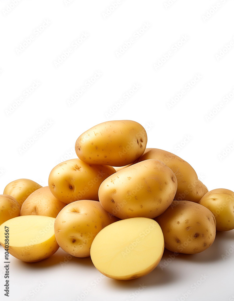 potato whole and sliced scattered around background concept isolated white potato whole and sliced scattered around background concept isolated white