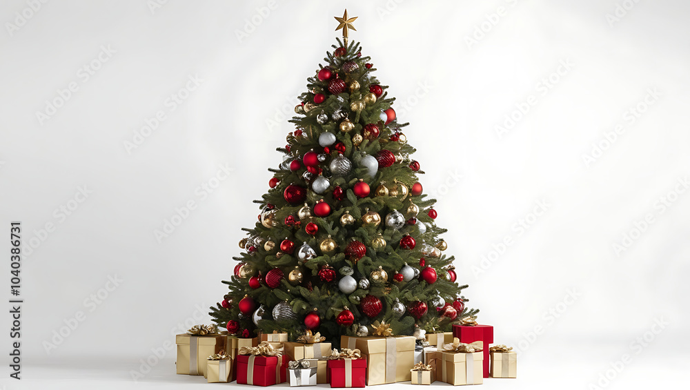 Christmas tree with presents, Christmas tree decorations, christmas tree with lights, Xmas copy-space
