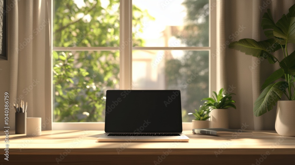 A sleek laptop is positioned on a wooden desk near a window, with sunlight streaming in and plants adding a touch of nature. Generative AI A sleek laptop is positioned on a wooden desk near a window, with sunlight streaming in and plants adding a touch of nature. Generative AI