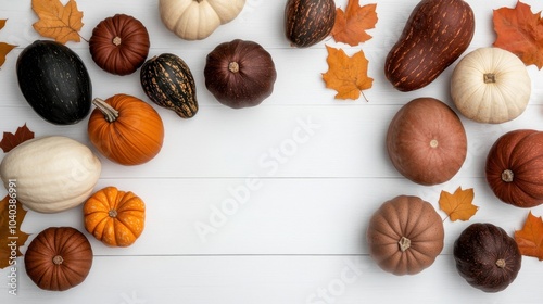 A diverse selection of pumpkins and gourds surrounded by scattered autumn leaves on a white wooden surface, embodying the essence of harvest and cozy season change. photo