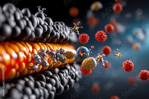 Hyper-realistic depiction of ion exchange, with potassium and sodium ions passing through a highly detailed cell membrane during a nerve impulse photo