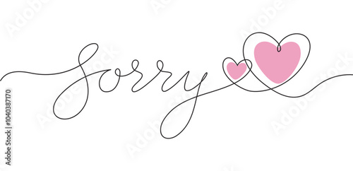 sorry lettering in line art style with two hearts, black continuous line isolated on white, vector illustration, design element for sorry cards,sorry day,poster,banner