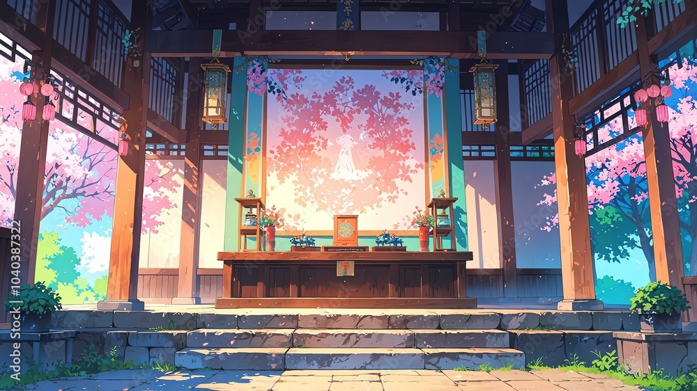 Cute shrine interior perspective anime style with pastel colors background Cute shrine interior perspective anime style with pastel colors background