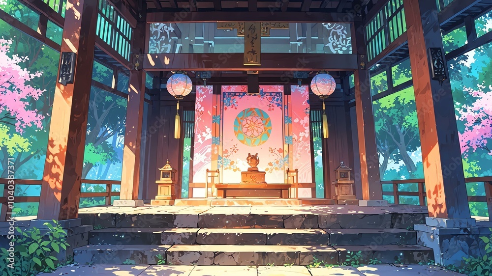 Obraz premium Cute shrine interior perspective anime style with pastel colors background