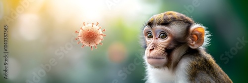 Sick monkey and orthopoxvirus MPOX cells. Transmission monkeypox virus viral of animals to humans. Pox viral infection. Smallpox vaccine, control spread of disease. Science and medical concept photo