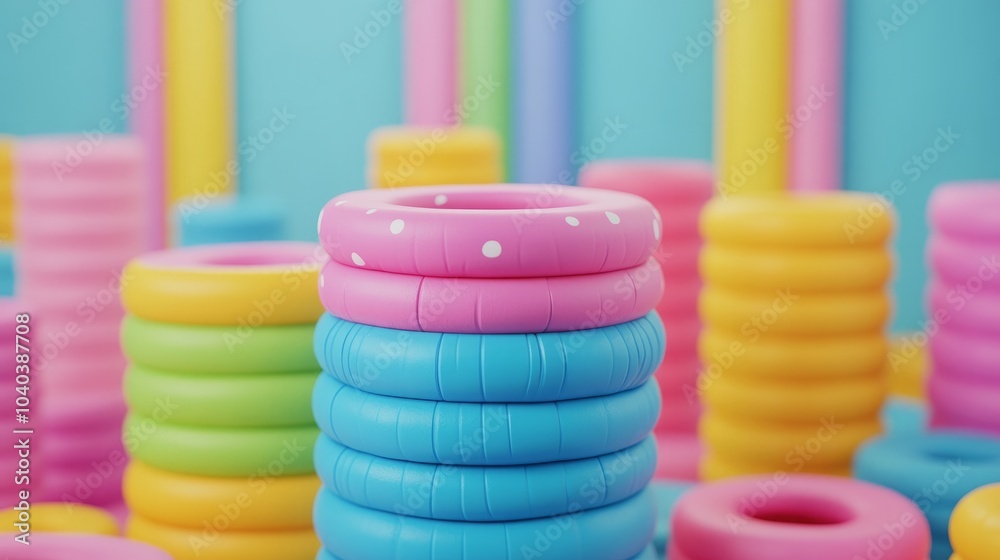 Colorful inflatable rings stacked on a blue background. Colorful inflatable rings stacked on a blue background.
