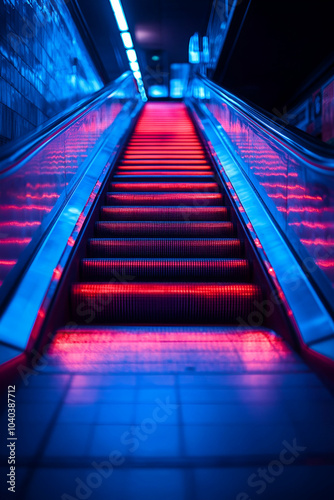 A vivid escalator illuminated with striking red and blue lights, leading upward in a modern urban environment.