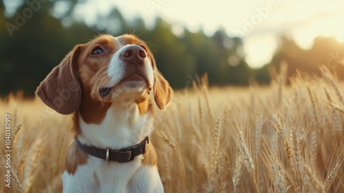 In this tranquil scene, a beagle dog stands in a vast wheat field during sunset, inhaling the fresh air as a gentle breeze ruffles its ears and fur slightly.