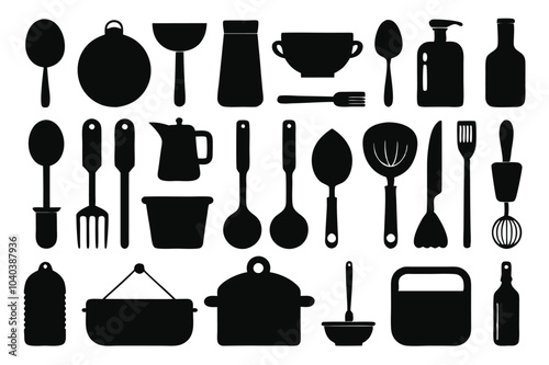 A comprehensive silhouette vector collection of essential kitchen tools, featuring cookware and utensils. Ideal for culinary projects, restaurant branding, or modern minimalist kitchen designs.