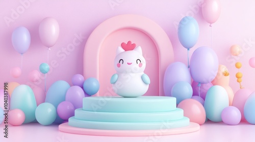 Cute cartoon chick with pastel balloons and eggs on a pedestal.