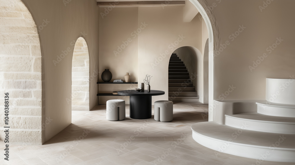 Minimalist interior design of modern room with black round table and archways
Minimalist interior design of modern room with black round table and archways