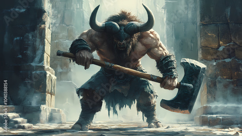 Fearsome minotaur in a labyrinth wielding a massive axe with imposing horns and a powerful stance. minotaur. illustration. Minotaur Labyrinth. Illustration photo