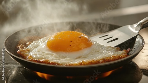 A sunny-side-up egg perfectly cooked in a steaming hot skillet, capturing the essence of a delicious breakfast. Rich, golden yolk and crisp edges are prominent features. photo