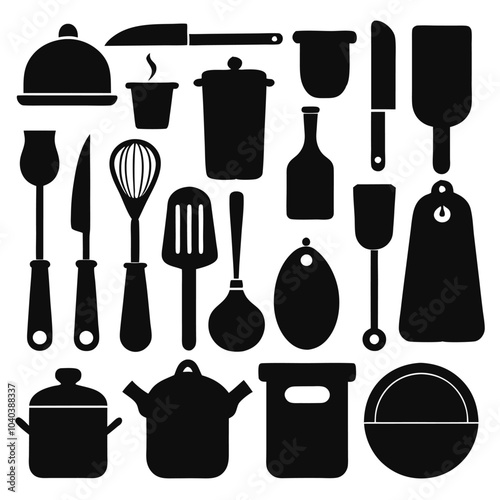 A comprehensive silhouette vector collection of essential kitchen tools, featuring cookware and utensils. Ideal for culinary projects, restaurant branding, or modern minimalist kitchen designs.