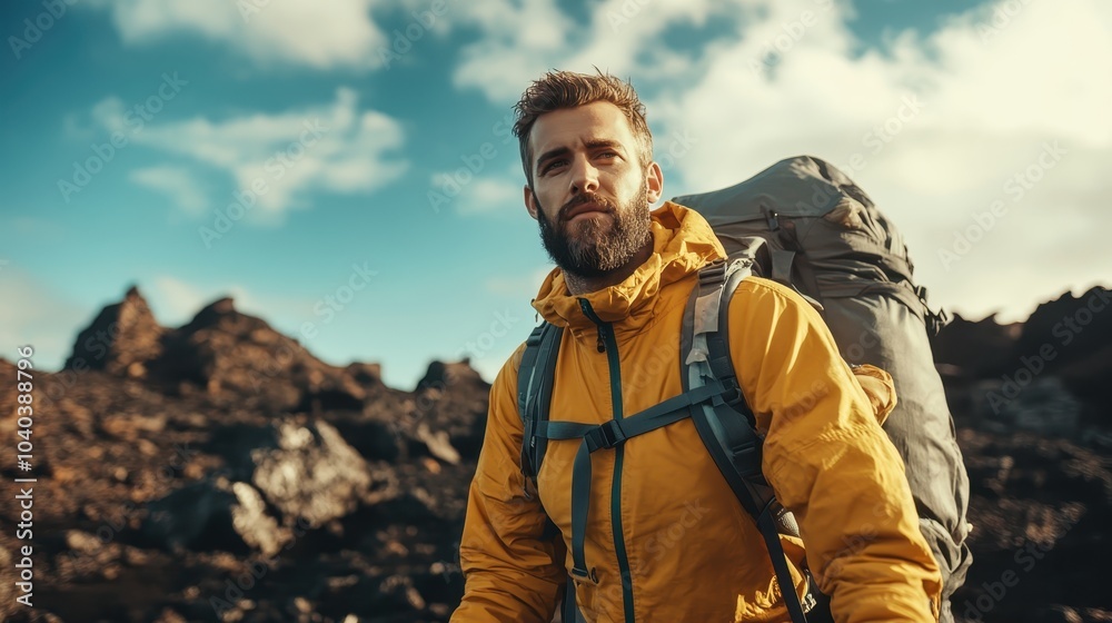 A bearded man in a yellow jacket with a large backpack hikes through rocky mountain terrain, capturing the rugged essence and adventurous spirit of outdoor exploration. A bearded man in a yellow jacket with a large backpack hikes through rocky mountain terrain, capturing the rugged essence and adventurous spirit of outdoor exploration.