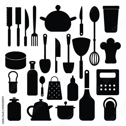 A comprehensive silhouette vector collection of essential kitchen tools, featuring cookware and utensils. Ideal for culinary projects, restaurant branding, or modern minimalist kitchen designs.