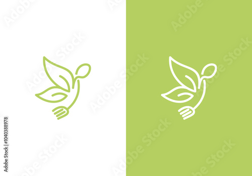 fork and spoon logo design with leaves in butterfly shape. organic food design. icon symbol for health restaurant food in simple design