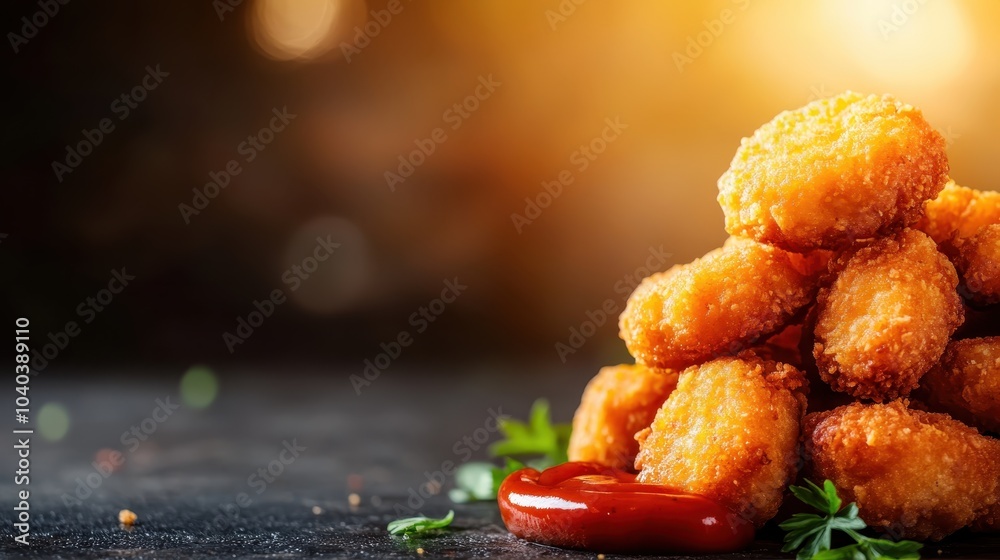 Succulent chicken nuggets artistically stacked, emphasizing crunchy texture, served with spicy ketchup that's perfectly placed to highlight flavorful contrast.