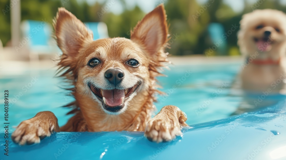 Smiling dog enjoying a sunny day, playfully peeking over the edge of a blue pool float, highlights joy and carefree spirit in a serene outdoor environment.