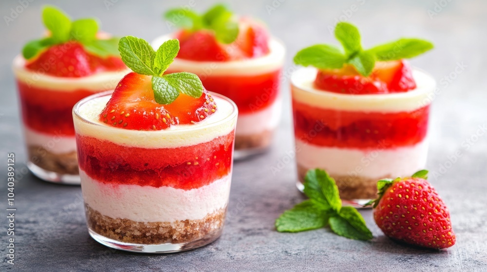 Four strawberry desserts with vanilla and crushed cookie crust in glass cups, garnished with mint. Four strawberry desserts with vanilla and crushed cookie crust in glass cups, garnished with mint.