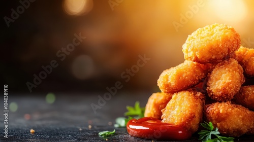 Obraz na płótnie Succulent chicken nuggets artistically stacked, emphasizing crunchy texture, served with spicy ketchup that's perfectly placed to highlight flavorful contrast. w salonie