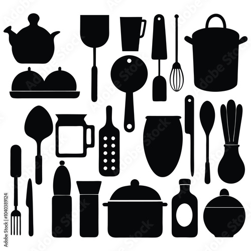A comprehensive silhouette vector collection of essential kitchen tools, featuring cookware and utensils. Ideal for culinary projects, restaurant branding, or modern minimalist kitchen designs.
