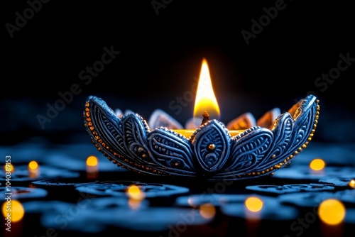 Minimalist glowing Diya lamp, with a soft, flickering flame on a clean, dark background, symbolizing the light of Deepavali photo