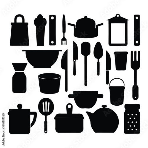 A comprehensive silhouette vector collection of essential kitchen tools, featuring cookware and utensils. Ideal for culinary projects, restaurant branding, or modern minimalist kitchen designs.