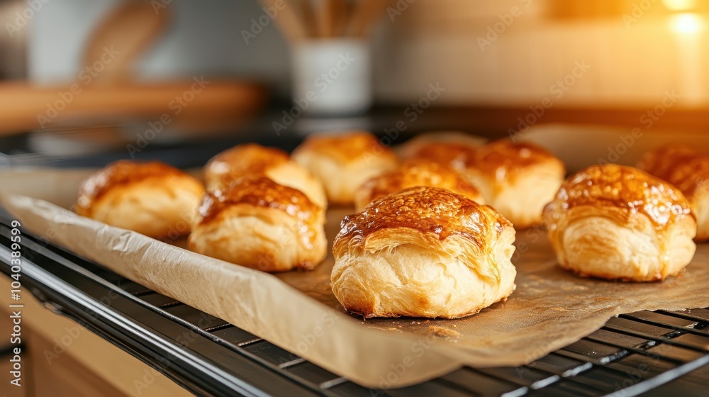 Freshly baked golden pastries displayed on a cooling rack in a cozy kitchen, glowing with warmth from the soft sunlit background, illustrating home comfort. Freshly baked golden pastries displayed on a cooling rack in a cozy kitchen, glowing with warmth from the soft sunlit background, illustrating home comfort.