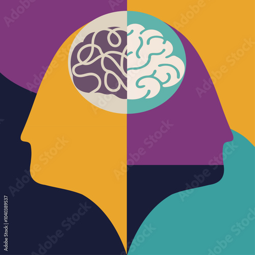 2 Abstract Head silhouette. Metaphor bipolar disorder mind mental. Double face with tangle and untangle brain. Concept mood disorder. Split personality. Psychology. Mental health