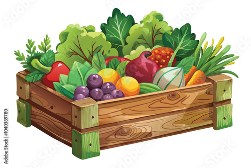 Watercolor Wooden Vegetable Box Rustic Box with Colorful Fresh Produce on a White Background