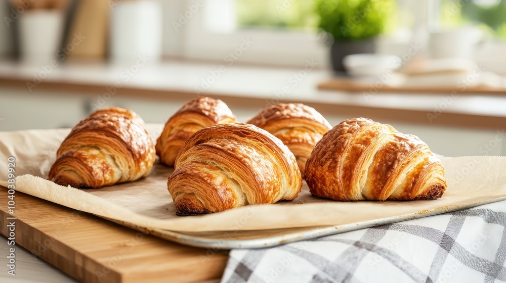 A tray of crispy, golden croissants sits fresh out of the oven, exuding warmth and a delicious aroma, embodying French pastry craftsmanship in a modern kitchen ambiance. A tray of crispy, golden croissants sits fresh out of the oven, exuding warmth and a delicious aroma, embodying French pastry craftsmanship in a modern kitchen ambiance.