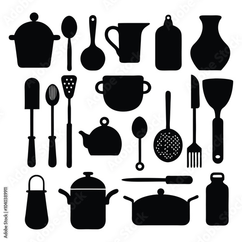 A comprehensive silhouette vector collection of essential kitchen tools, featuring cookware and utensils. Ideal for culinary projects, restaurant branding, or modern minimalist kitchen designs.