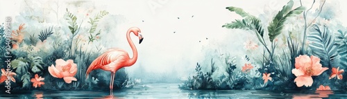 A serene watercolor scene featuring a pink flamingo amidst lush greenery and soft blossoms by a tranquil body of water.