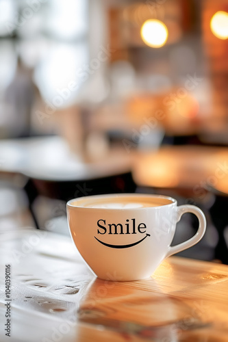 Motivational phrase Smile on a white cup of coffee on blurred cafe background photo