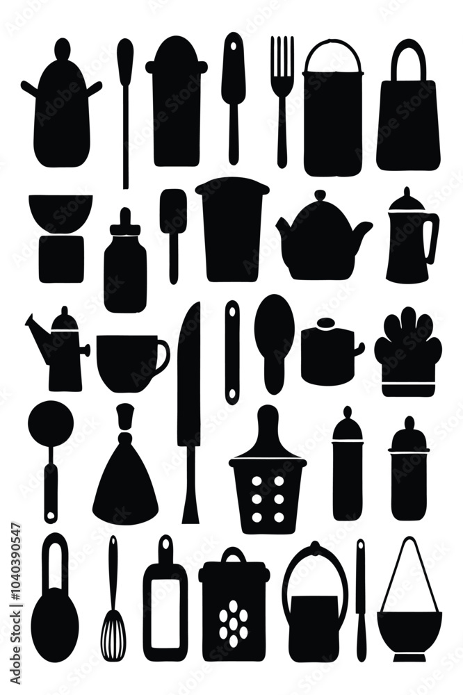 A comprehensive silhouette vector collection of essential kitchen tools, featuring cookware and utensils. Ideal for culinary projects, restaurant branding, or modern minimalist kitchen designs. A comprehensive silhouette vector collection of essential kitchen tools, featuring cookware and utensils. Ideal for culinary projects, restaurant branding, or modern minimalist kitchen designs.