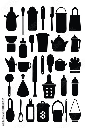 A comprehensive silhouette vector collection of essential kitchen tools, featuring cookware and utensils. Ideal for culinary projects, restaurant branding, or modern minimalist kitchen designs.