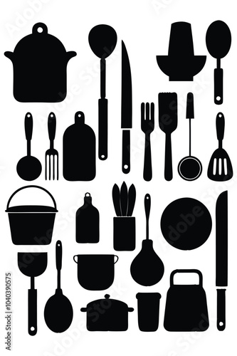 A comprehensive silhouette vector collection of essential kitchen tools, featuring cookware and utensils. Ideal for culinary projects, restaurant branding, or modern minimalist kitchen designs.