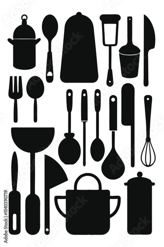 A comprehensive silhouette vector collection of essential kitchen tools, featuring cookware and utensils. Ideal for culinary projects, restaurant branding, or modern minimalist kitchen designs.