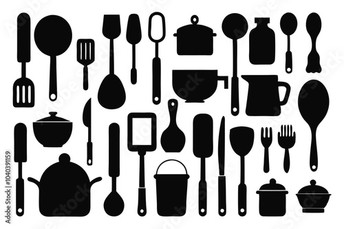 A comprehensive silhouette vector collection of essential kitchen tools, featuring cookware and utensils. Ideal for culinary projects, restaurant branding, or modern minimalist kitchen designs.