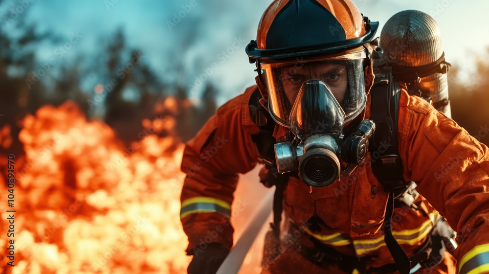 A determined firefighter, equipped with breathing apparatus and hose, tackles a fierce forest fire, showcasing valor and skilled expertise in life-threatening circumstances. A determined firefighter, equipped with breathing apparatus and hose, tackles a fierce forest fire, showcasing valor and skilled expertise in life-threatening circumstances.
