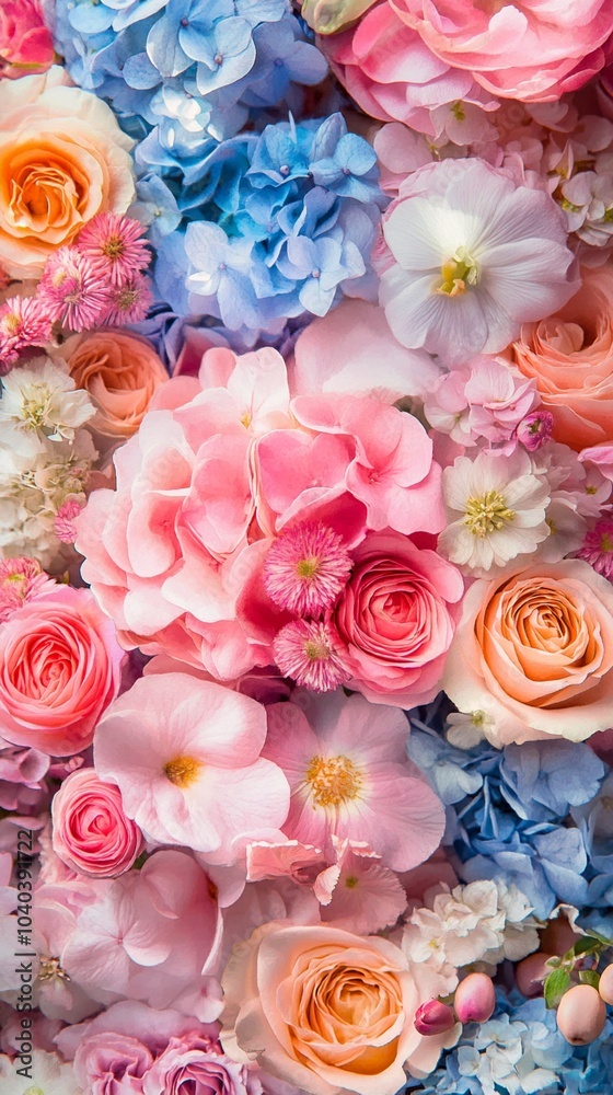 Vibrant floral arrangement featuring a harmonious blend of pastel and bold hues, showcasing roses, hydrangeas, and delicate blossoms in pink, blue, and peach tones. Vibrant floral arrangement featuring a harmonious blend of pastel and bold hues, showcasing roses, hydrangeas, and delicate blossoms in pink, blue, and peach tones.