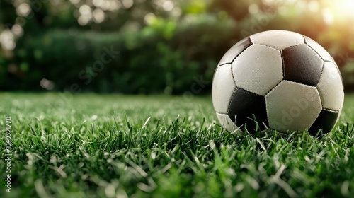 A pristine soccer ball lies on a sunlit green field, embodying readiness and potential for sportsmanship, with a soft blur of trees in the background.