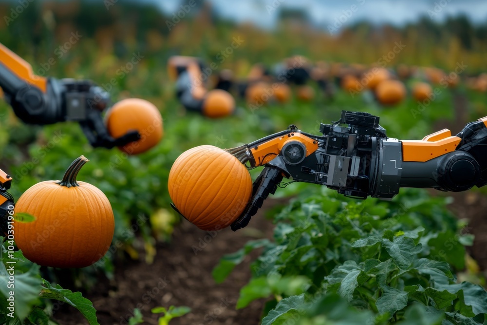 Robotic arms harvesting pumpkins in a futuristic farm setting, gathering bright, friendly pumpkins ready for a high-tech autumn celebration Robotic arms harvesting pumpkins in a futuristic farm setting, gathering bright, friendly pumpkins ready for a high-tech autumn celebration